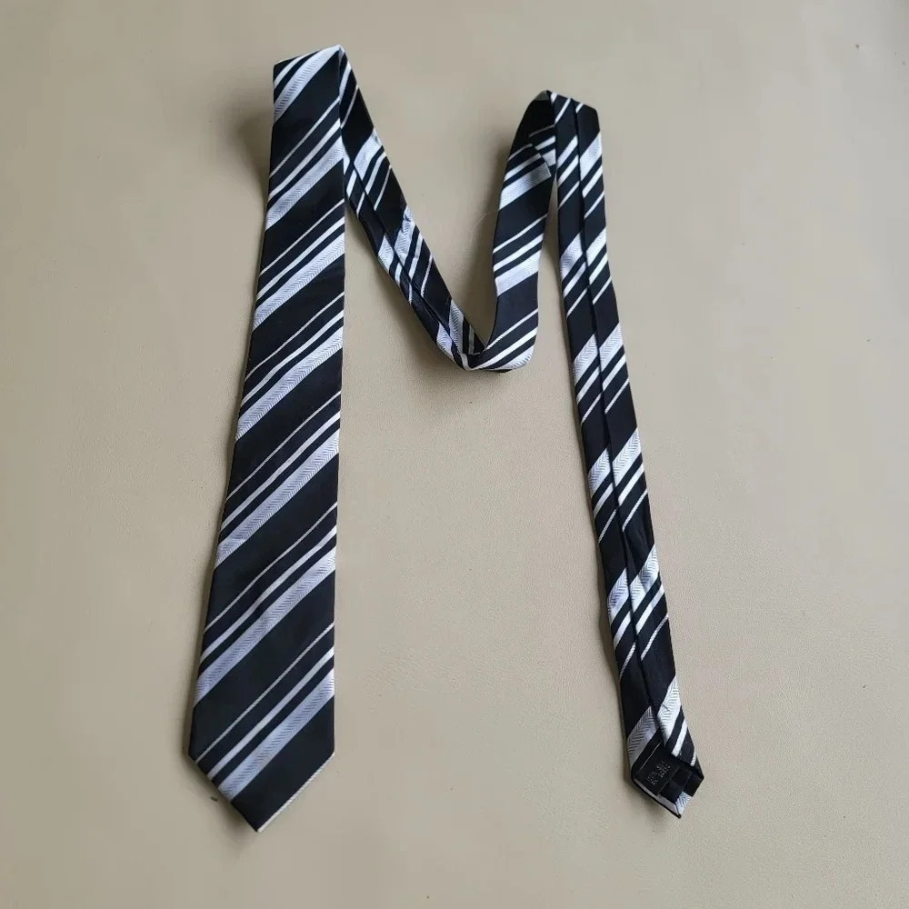 Adolfo Tie Mens Black White Striped 100% Silk Classic 3"